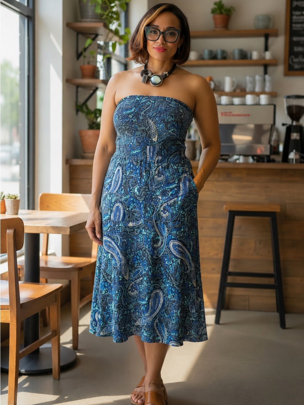 Ariella Strapless Blue Paisley Midi Dress sz L
